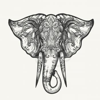 Elephant Head in Henna style. Hand drawn black and white zentangle vector illustration. 