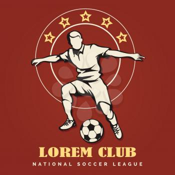 Football or soccer club emblem. Soccer player with ball drawn in retro style against star background. Vector illustration.