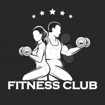 Man and woman with dumbbels. Athletic or fitness club design template. Vector illustration