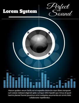 Music Loudspeaker and equalizer against black background. Sound system poster vector template.