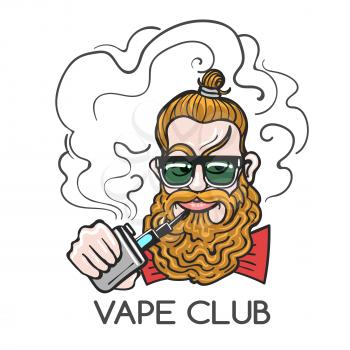 Hipster smoking e-cigarette drawn in cartoon style. Design element for vape club badge or emblem. Vector illustration.