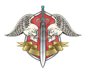 Pair winged skulls and swords with ribbon on shield. Heraldy coat of arms drawn in engraving style. Vector illustration.