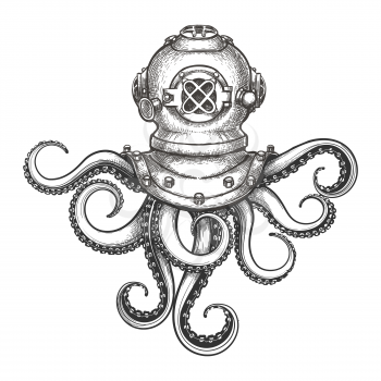 Diver helmet with octopus tentacles drawn in tattoo style. Vector Illustration.