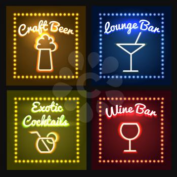Set of glowing bar neon signs with Shining and glowing neon effects. Vector illustration.