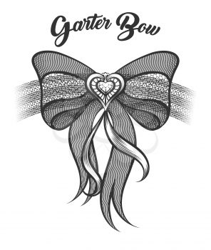 Garter Bow with heart shaped brooch drawn in tattoo style. Vector illustration.