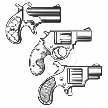 Set of retro pistols. Three pocket revolvers drawn in engraving style. Vector illustration.