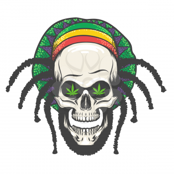Human Skull with dredlocks in rastaman hat. Vector illustration.
