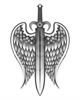 Sword with wings drawn in tattoo style. Vector illustration