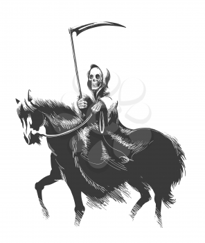 Death with scythe Rides Horse drawn in ink sketch style. Vector illustration.