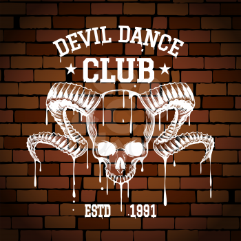 Rock Club or Rock recording label Emblem. Human Skull with horns on the brick wall with wordings. Vector illustration.