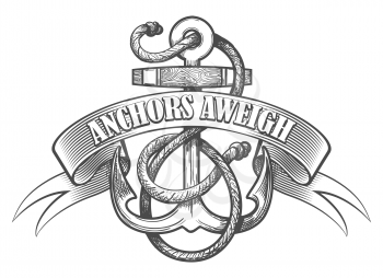 Nautical anchor in ropes and ribbon with wording Anchors Aweigh drawn in tattoo style.  Vector illustration.