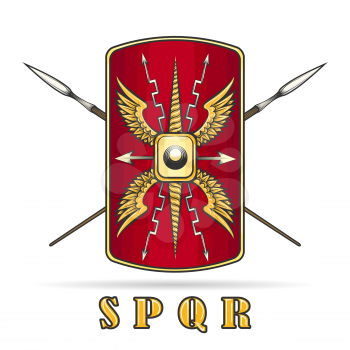 Ancient Roman Empire Warriour Shield and Crossed Spears.  Vector illustration.