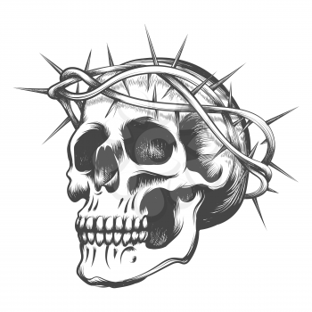 Human Skull in thorns wreath drawn in tattoo style. Vector illustration.