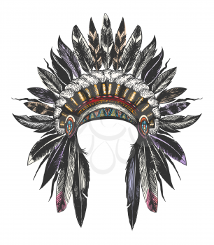 Hand Drawn Colorful Feathered War Bonnet. Vector illustration.