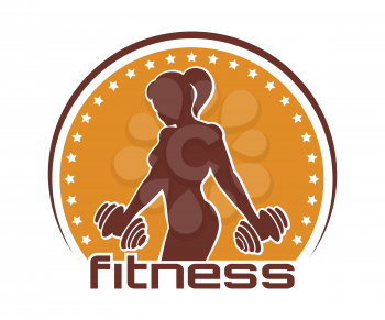 Bodybuilder or Fitness Club Template in retro style. Athletic Woman Holding Weight Silhouette