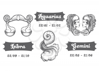 Set of Air Zodiac signs. Libra Aquarius and Gemini drawn in engraving style. Vector illustration.