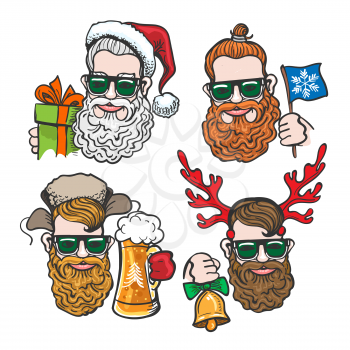 Hand drawn cartoon Hipsters with festive Christmas accessories isolated on white background. Vector illustration