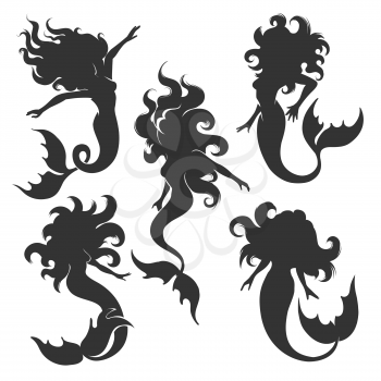 Mermaid silhouette set isolated on white. Vector illustration.
