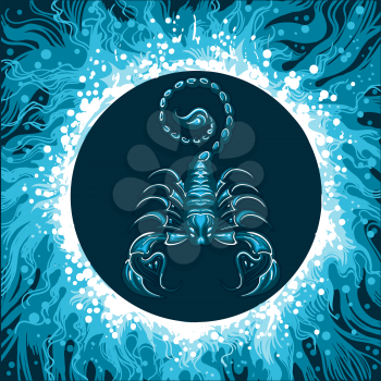 Scorpion in Water Circle. Zodiac symbol of Scorpio on water background. Vector illustration.