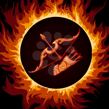 Bow and arrows in Flame. Zodiac symbol Sagittarius on fire background. Vector illustration.
