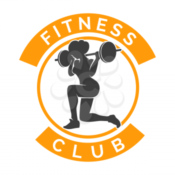 Silhouette of Training Athletic Woman with Barbell. Fitness Club Logo isolated on white. Vector illustration.