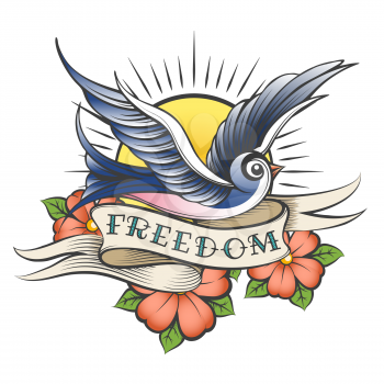 Flying Bird against sun, flowers and ribbon with wording Freedom drawn in tattoo style. Vector illustration.