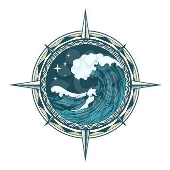 Wind Rose nautical compass with ocean wave and stars inside drawn in tattoo style. Vector illustration.