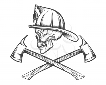 Firefighter skull in helmet and two crossed axes drawn in tattoo style. Vector illustration.