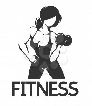 Fitness Emblem wth athletic Woman at Workout. Vector illustration.