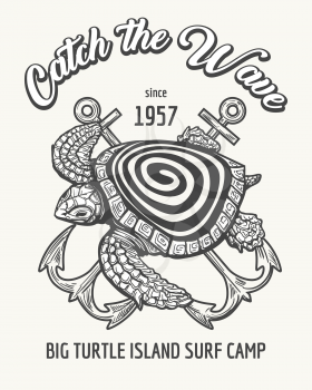 Sea Turtle and Crossed Anchors with wording Catch the Wave. Surfing camp or school emblem drawn in retro style. Vector illustration.