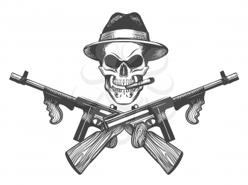 Gangster skull tattoo. Death head with cigar, hat and crossed submachine guns. Vector illustration