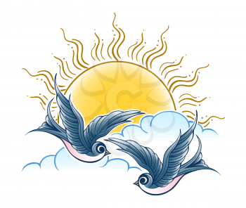 Two flying swallow birds against sun and clouds. VectorIllustration.