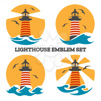 Colorful Lighthouse emblem set with ocean waves and seagulls. Vector illustration