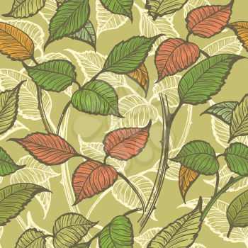 Colorful leaves seamless pattern drawn in vintage style. Vector illustration.