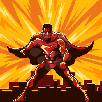 Superhero watching over the city drawn in retro poster style. Vector illustration.