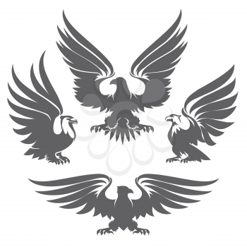 Heraldry eagles, hawks and falcons drawn in tattoo style. Vector illustration