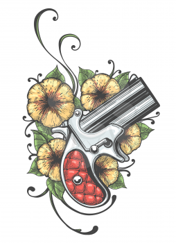 Pocket Gun and Flowers drawn in tattoo style. Vector illustration.