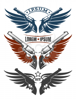 Two revolvers and wings emblem set isolated on white. Vector illustration.