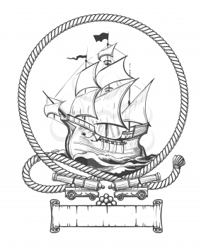 Sailing ship in rope frame with ship cannons drawn in engraving style. Vector illustration.