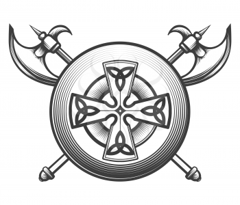 Two crossed battle axes, and shield with celtic friost. Vector illustration