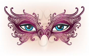 Female Eyes in Purple lace mask. Vector illustration.