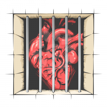 Heart in jail drawn in tattoo style. Vector illustration