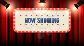 Theater or cinema frame with light bulbs on red curtain with spot lights and Wording Now Showing. Vector illustration.