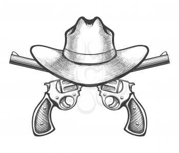 Cowboy hat and a pair of crossed gun revolver handgun drawn in a hand made style. Vector illustration.