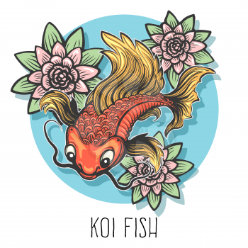 Hand drawn carp fish with lotus flowers drawn in tattoo style isolated on white. Vector illustration.