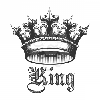 Black and white king crown drawn in Engraving style. Vector illustration.