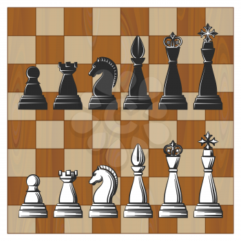 Wooden Chess Board wth Black and White Chess Pieces. Vector illustration. 