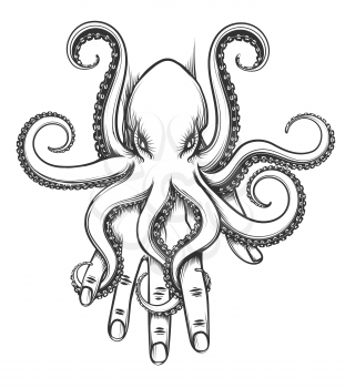 Octopus baby sitting on human hand. Vector illustration in tattoo style.
