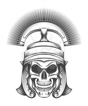 Human skull in ancient Centurion Helmet drawn in engraving style. Vector illustration