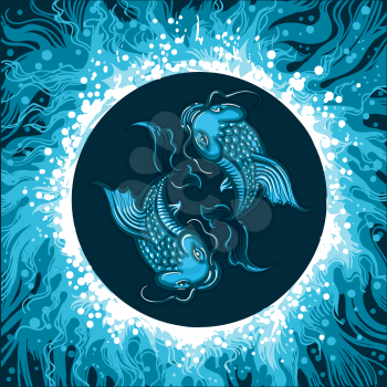 Carp Fishes in Water. Zodiac symbol of Pisces on water background. Vector illustration.